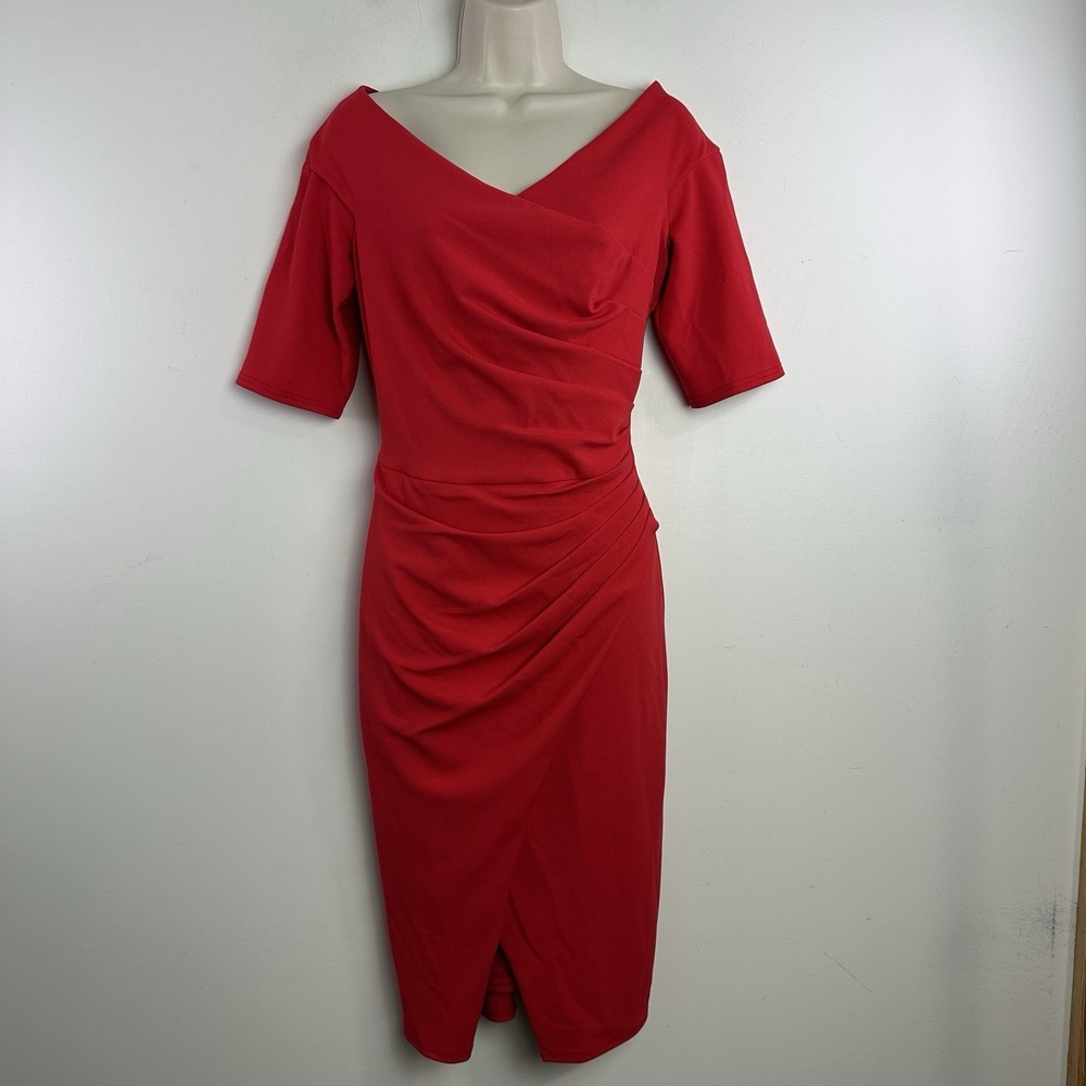 Tadashi Shoji Asymmetric Ruched Dress Deep V Neck Stretch Bright Red Zips Size M